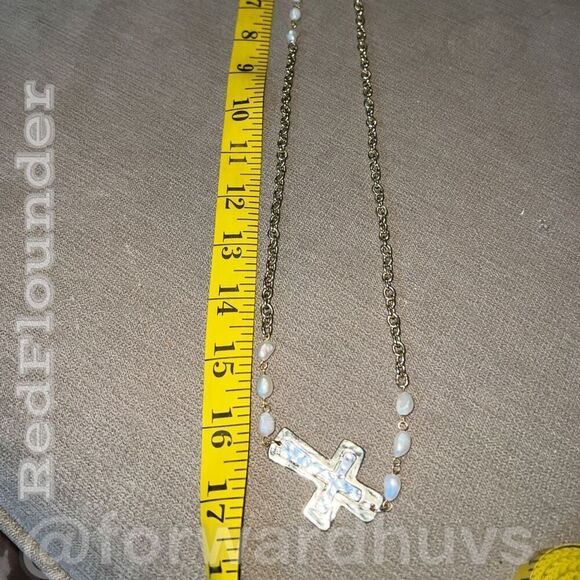 Gold Tone Cross Necklace with Simulated Pearl - Picture 4 of 7